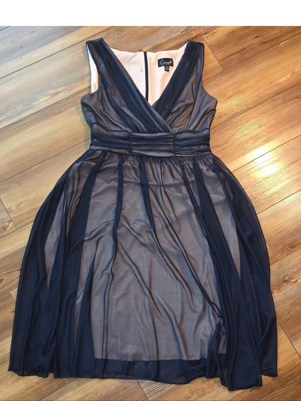 Connected Apparel Navy V-Neck Sheer Overlay Dress
